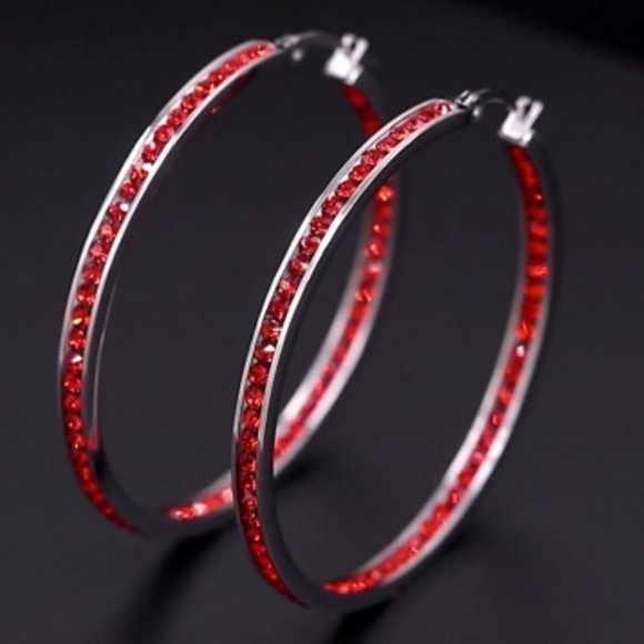 Bright Red Rhinestone Silver Hoop Earrings Big Sparkle Crystal Channel Hoops New - Picture 2 of 12